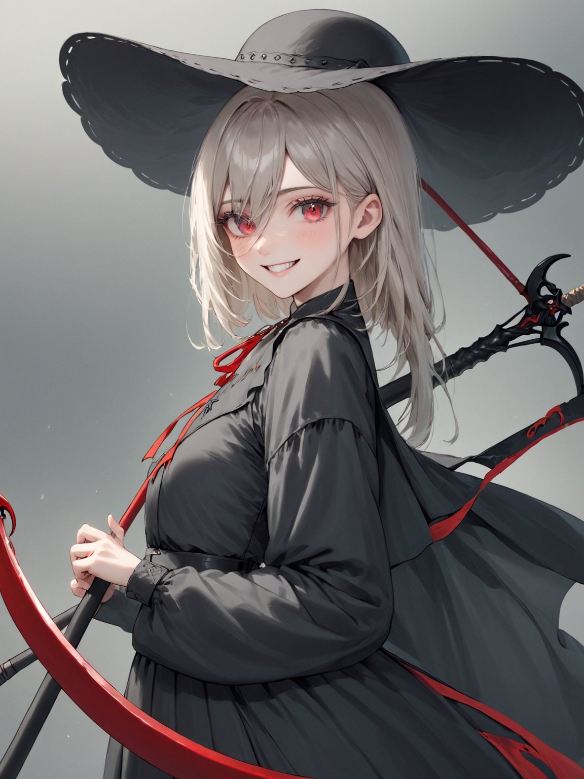 //Quality,
photo r3al, detailmaster2, masterpiece, photorealistic, 8k, 8k UHD, best quality, ultra realistic, ultra detailed, hyperdetailed photography, real photo
,//Character,
1girl, solo
,//Fashion,
,//Background,
,//Others,
,powerdef, sharp teeth, grin, holding scythe, red scythe, cross-shaped pupils