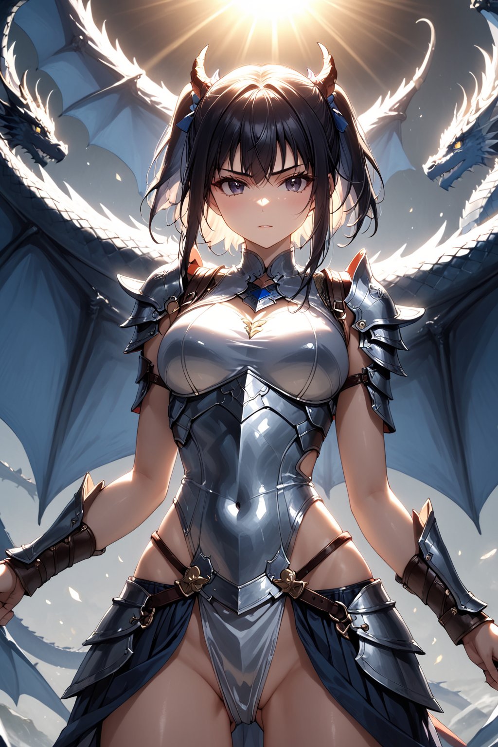 masterpiece, best quality, 8k, 8k UHD, ultra-high resolution, ultra-high definition, highres, cinematic lighting
,//Character, 
1girl, solo
,//Fashion, 
,//Background, 
,//Others, ,Expressiveh, hentai, 
A determined girl warrior facing off against a massive dragon, her armor gleaming in the sunlight.