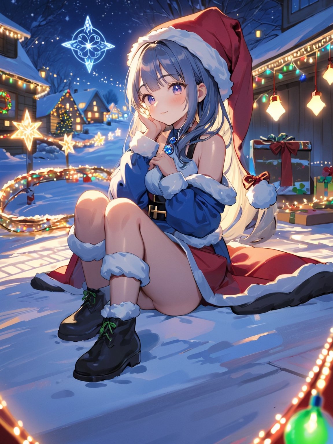 masterpiece, top quality, best quality, highres, extremely detailed CG, 8k:1.2),
(Illustration, focus, perfect lighting, :1.0), (official art, beautiful and aesthetic:1.0), 
,night with bright colorful lights, When the magic circle on the ground is activated, Santa sitting,shigure \(blue archive\)