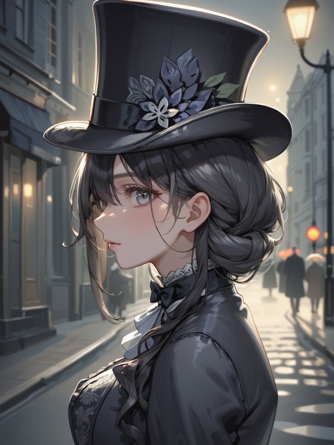 (Masterpiece, Best quality), (exterior night, image of a man, thin with very marked cheekbones, an aquiline nose and penetrating gray eyes, wearing elegant Victorian-era clothing, black clothes, a very dark gray top hat, outside at night on the street of old London) (finely detailed eyes), (finely detailed eyes and detailed face), (Extremely detailed CG, Ultra detailed, Best shadow), Beautiful conceptual illustration, full body, (illustration), (extremely fine and detailed), (Perfect details), (Depth of field)