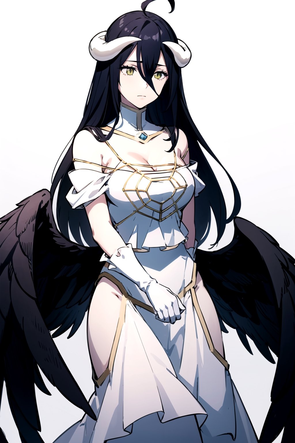 //Quality,
masterpiece, best quality
,//Character,
1girl, solo
,//Fashion,
,//Background,
white_background
,//Others,
,al1, demon horns, white gloves, white dress, bare shoulders, detached collar, cleavage, slit pupils, black wings, feathered wings, low wings,white dress,detached collar