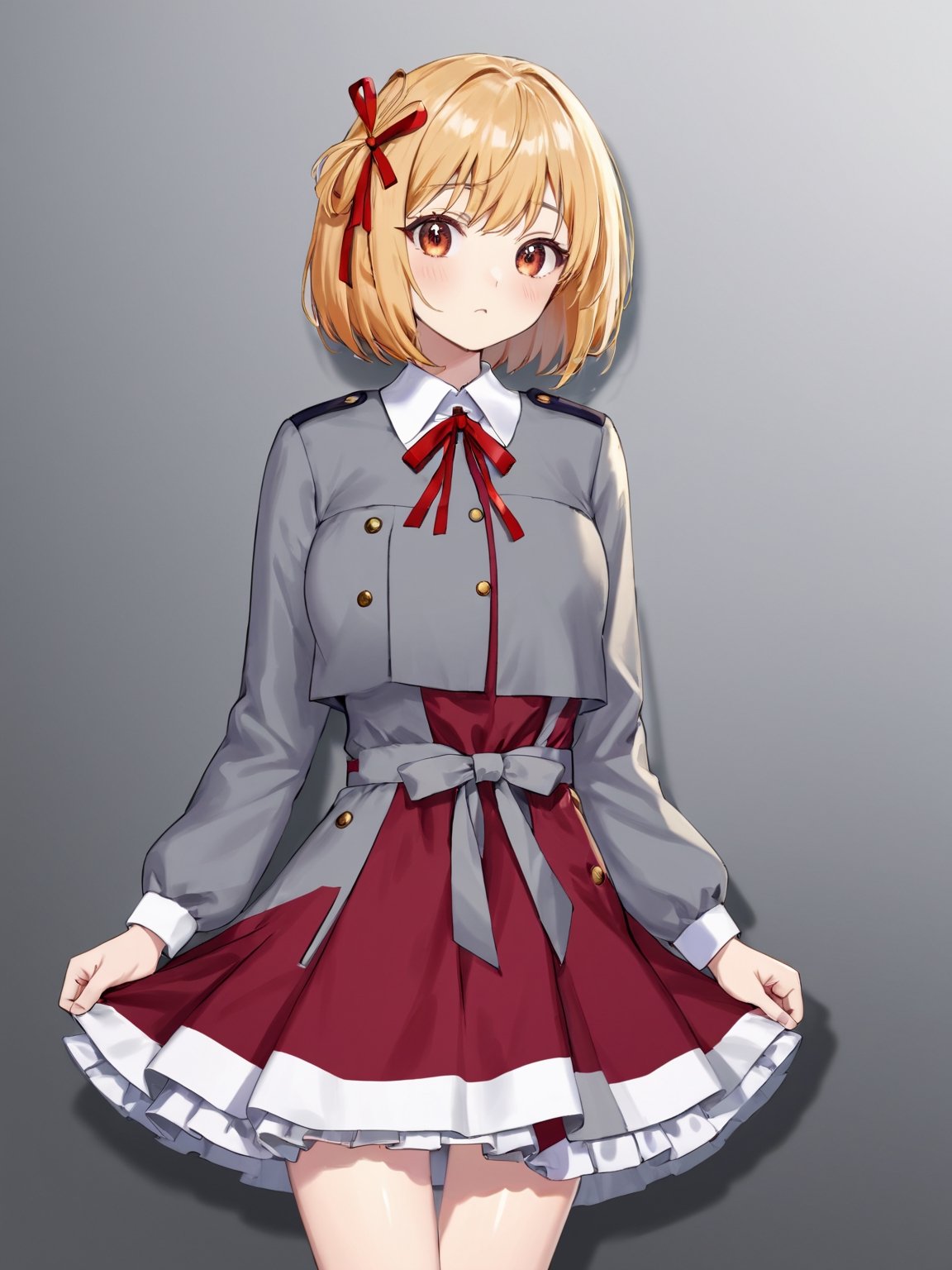 //Quality,
(masterpiece, top quality, best quality, highres, extremely detailed CG, 8k:1.2)
,//Character,
1girl, solo, nishikigi chisato, bob cut
,//Fashion,
hair ribbon, lycoris uniform, two-tone dress, red dress, grey dress, neck ribbon, long sleeves
,//Background,
,//Others,
,nishikigi chisato