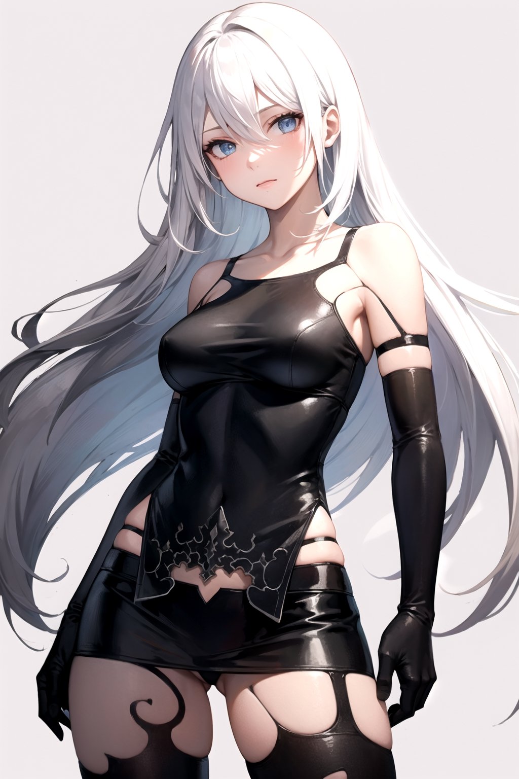 //Quality,
masterpiece, best quality
,//Character,
1girl, solo
,//Fashion,
,//Background,
white_background, simple_background, blank_background
,//Others,
,phSaber, ,a2_nierautomata, gloves, black gloves, elbow gloves, mole, tank top, hair between eyes, white hair, cowboy_shot