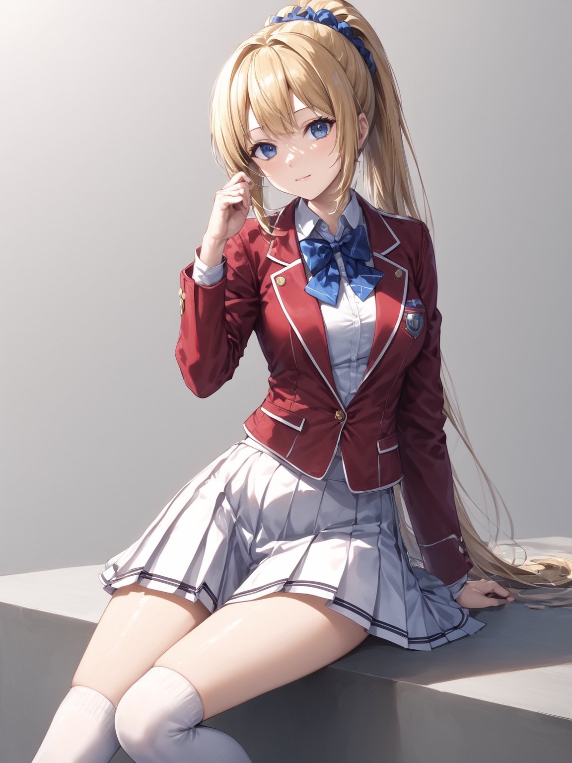 //Quality, masterpiece, best quality, detailmaster2, 8k, 8k UHD, ultra-high resolution, ultra-high definition, highres,
//Character, 1girl, solo, ,
//Fashion,
//Background, white_background,
//Others, ,KaruizawaKei, blue eyes, blonde hair, ponytail, bangs, breasts, hair ornament,
school uniform, red jacket, open jacket, hair scrunchie, bowtie, white skirt, pleated skirt, kneehighs, white socks, shoes,Expressiveh concept art,dark theme