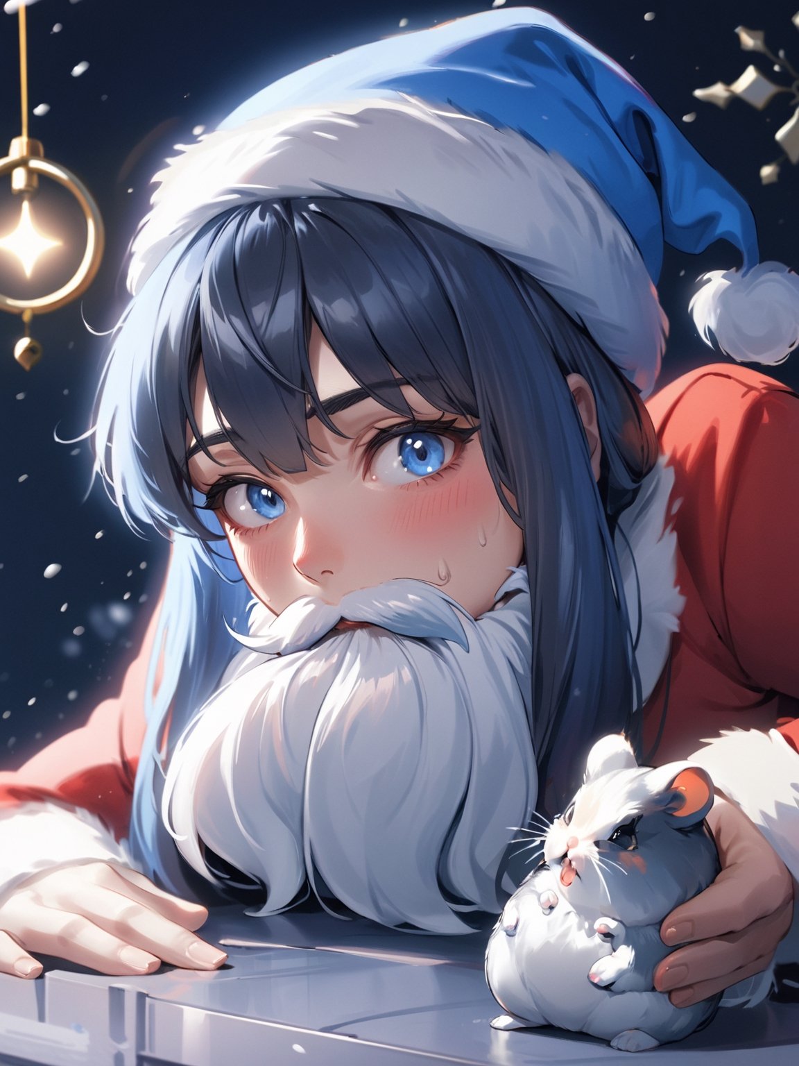 ultra realistic 8k cg, cinematic lighting, cool face, cool eyes, Santa playing with a hamster, sloppy face, shigure \(blue archive\)