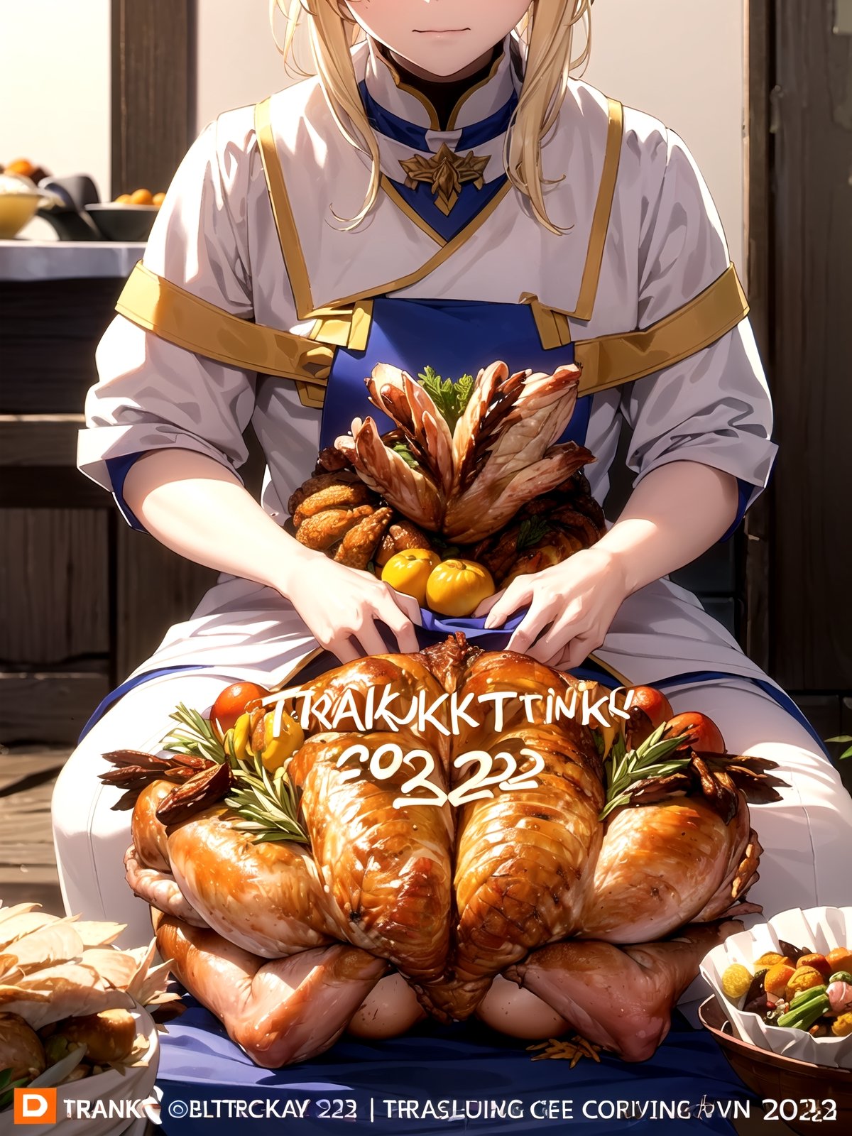 Seiza, ("THANKS GIVING 2023" text logo decorated, roasted turkey on your lap:1.4), palms together, offering a prayer of thanksgiving, tears of gratitude, blushing, looking_at_viewer, cowboy_shot, underwear,priestess, 