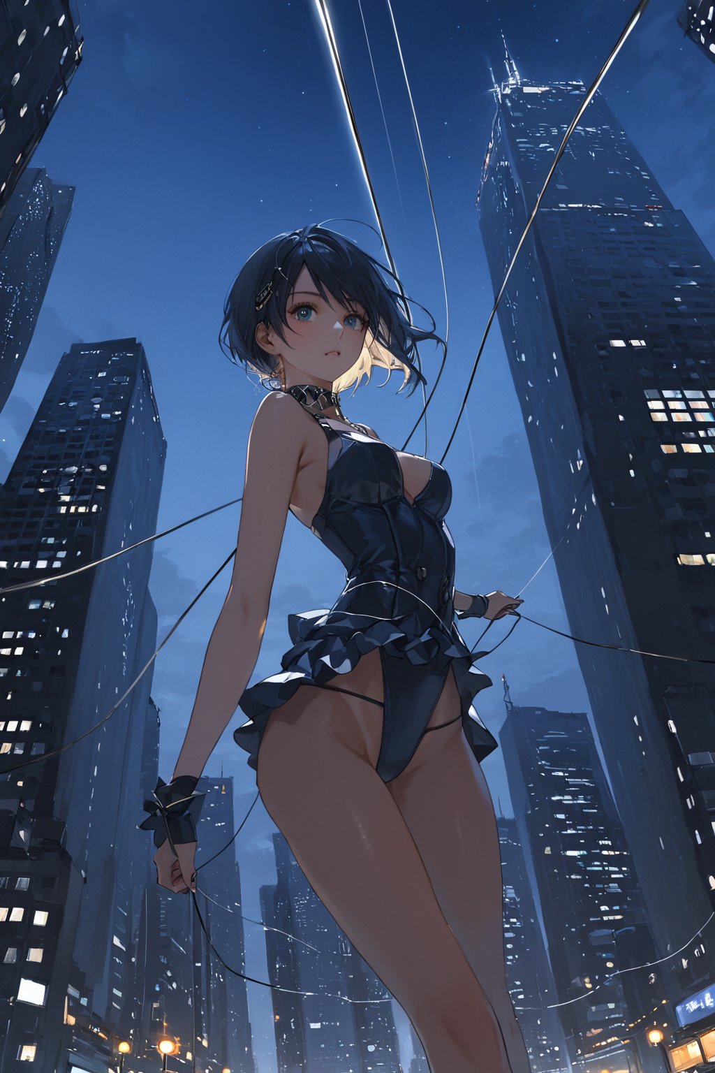 masterpiece, best quality, 8k, 8k UHD, ultra-high resolution, ultra-high definition, highres, cinematic lighting
,//Character, 
1girl, solo
,//Fashion, 
,//Background, 
,//Others, ,Expressiveh, hentai, 
A woman performing a high-wire act between skyscrapers, city lights twinkling far below.