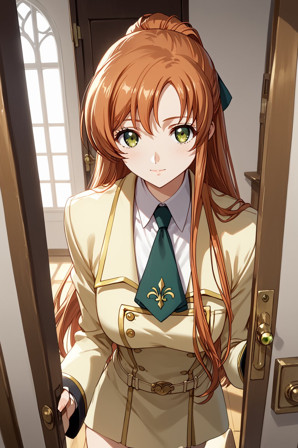 score_9,score_8_up,score_7_up,score_6_up, source_anime, masterpiece, best quality, 8k, 8k UHD, ultra-high resolution, ultra-high definition, highres, cinematic lighting
,//Character, 
1girl, solo,shirley fenette, orange hair, green eyes, half updo, long hair
,//Fashion, 
ashford academy school uniform
,//Background, front door, answering door, hand on door, opening door
,//Others, ,Expressiveh,
looking at viewer, 2/4 angle view, three quarter view, female focus