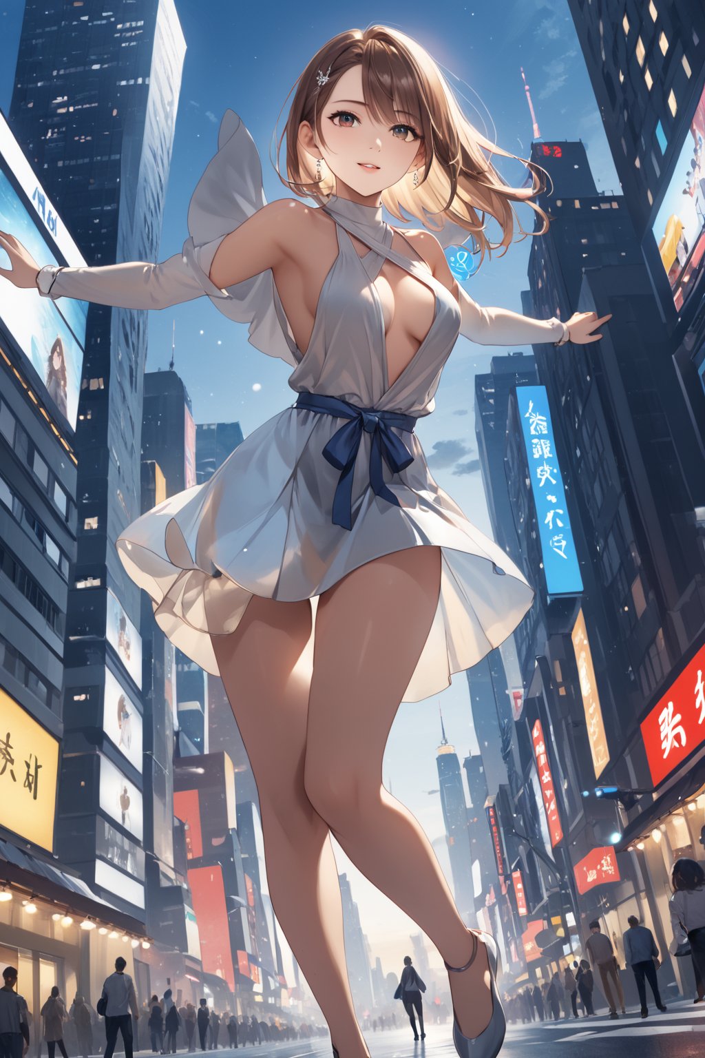 masterpiece, best quality, 8k, 8k UHD, ultra-high resolution, ultra-high definition, highres, cinematic lighting
,//Character, 
1girl, solo
,//Fashion, 
,//Background, 
,//Others, ,Expressiveh, hentai, 
A woman performing a high-wire act between skyscrapers, city lights twinkling far below.