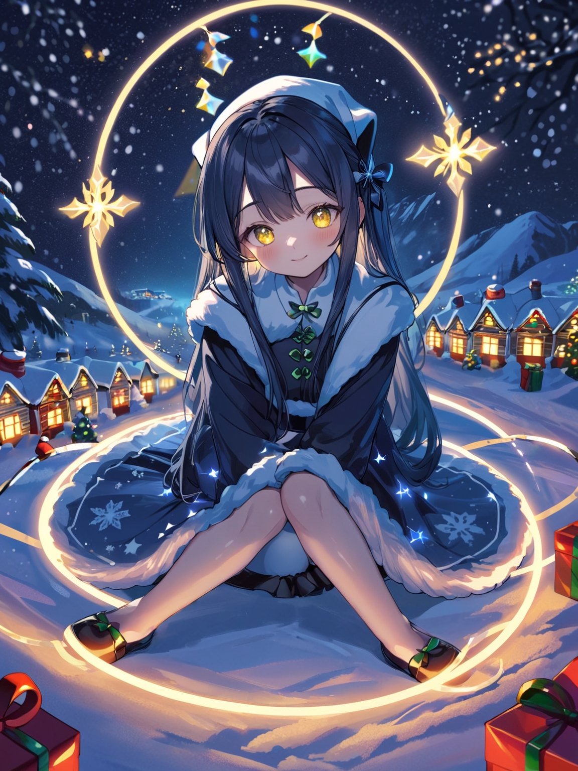 (masterpiece, top quality, best quality, highres, extremely detailed CG, 8k:1.2),
(Illustration, focus, perfect lighting, :1.0), (official art, beautiful and aesthetic:1.0), 
santa, night with bright colorful lights, When the magic circle on the ground is activated, Santa sitting,shigure \(blue archive\)