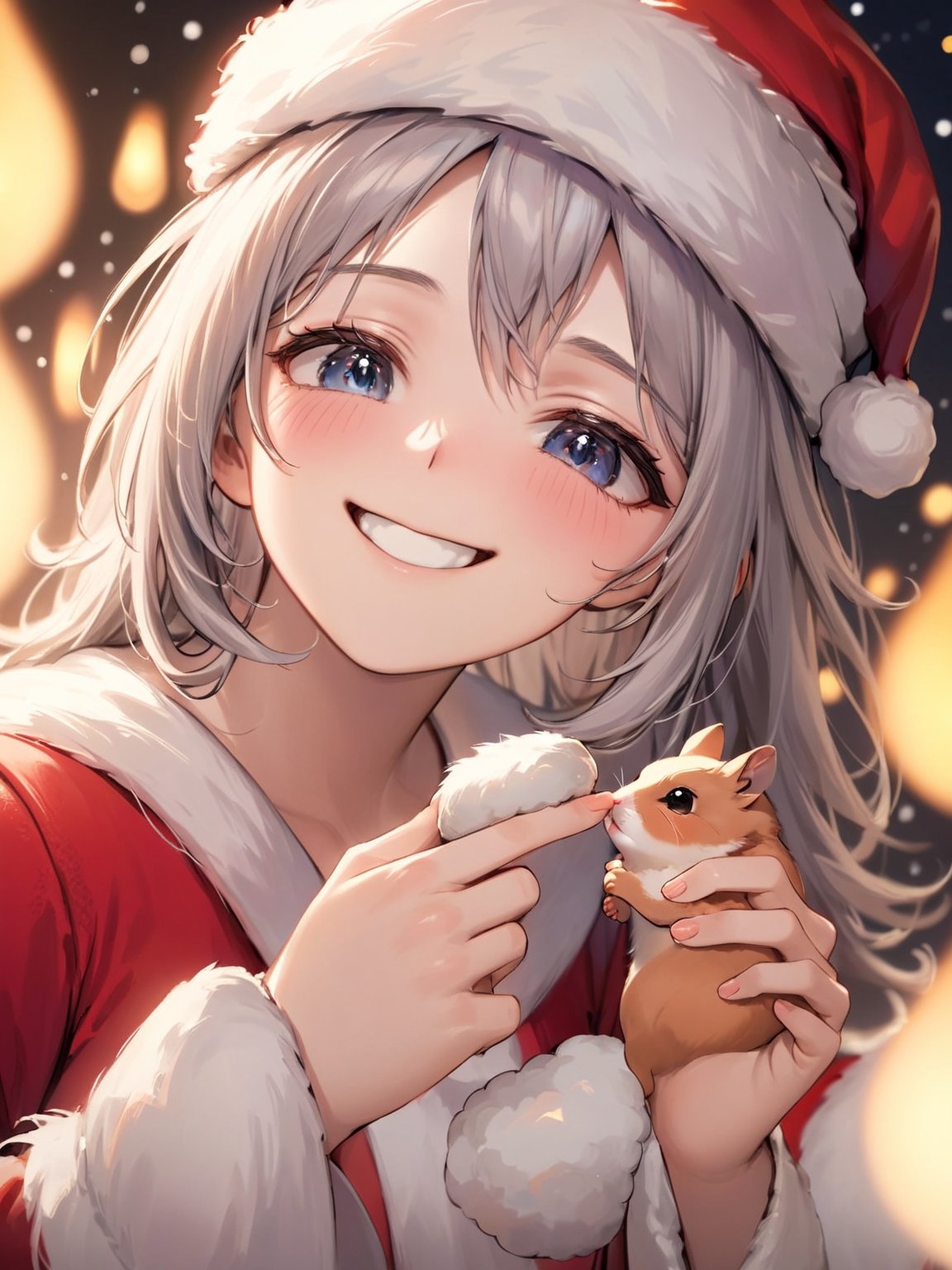 ultra realistic 8k cg, cinematic lighting, cool face, cool eyes, Santa playing with a hamster, sloppy smile,himeno