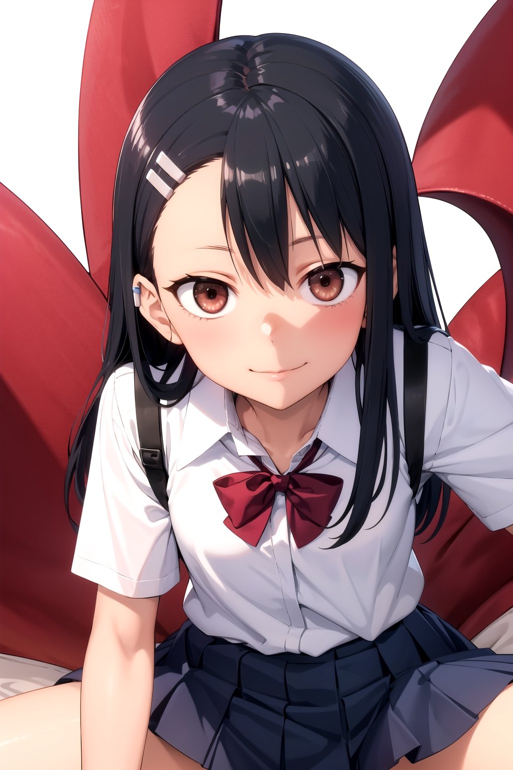 //Quality,
masterpiece, best quality
,//Character,
1girl, solo
,//Fashion, 
,//Background,
white_background
,//Others,
,spread legs
,nagatoro hayase, hair ornament, brown eyes,(glowing eyes:1.1), hairclip,dark skin, black hair,school uniform, black hair, beautiful face, evil smile, evil eyes,incredibly absurdres