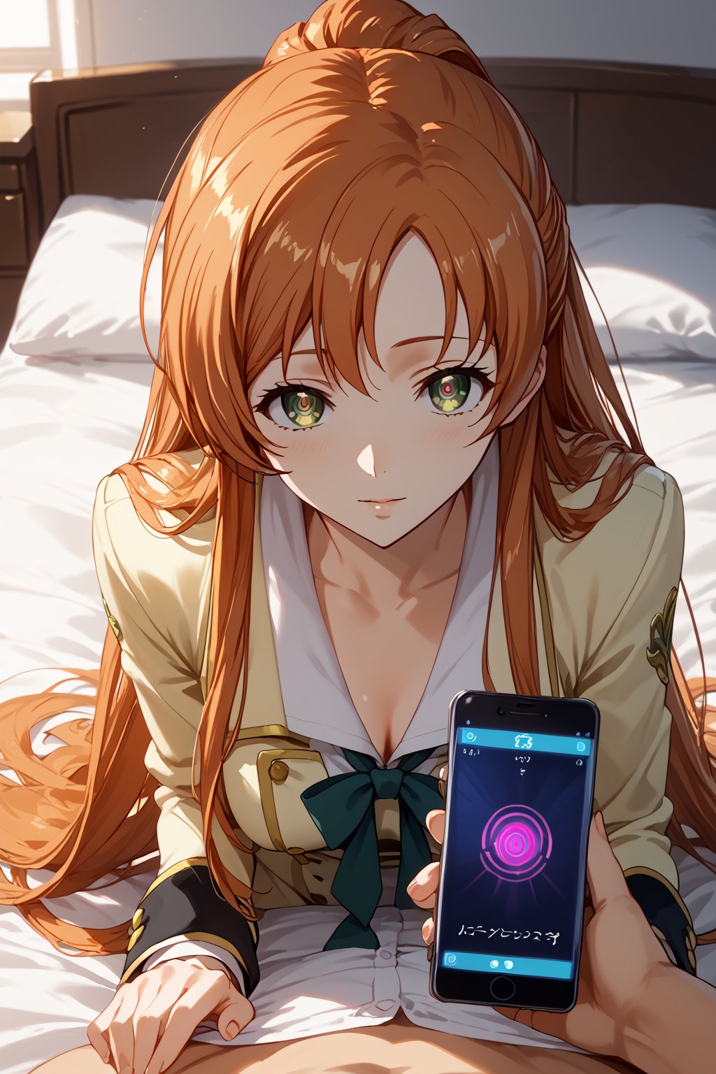 score_9,score_8_up,score_7_up,score_6_up, source_anime, masterpiece, best quality, 8k, 8k UHD, ultra-high resolution, ultra-high definition, highres, cinematic lighting
,//Character, 
1girl, solo,shirley fenette, orange hair, green eyes, half updo, long hair
,//Fashion, 
ashford academy school uniform
,//Background, bed
,//Others, ,Expressiveh,
female focus, mind control, hypnosis, smartphone, pov holding phone, dogeza position, doing dogeza, front view, head down, looking up, looking at viewer