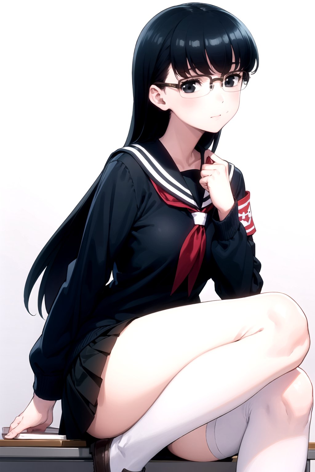 //Quality,
masterpiece, best quality
,//Character,
1girl, solo
,//Fashion, 
,//Background,
white_background
,//Others,
,spread legs, 
,kyouko kuroyuri, long hair, black hair, (black eyes:1.5), glasses, skirt, school uniform, pantyhose, pleated skirt, serafuku, armband, (black shirt:1.2)