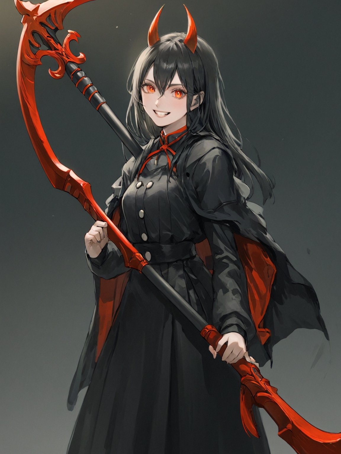 //Quality,
photo r3al, detailmaster2, masterpiece, photorealistic, 8k, 8k UHD, best quality, ultra realistic, ultra detailed, hyperdetailed photography, real photo
,//Character,
1girl, solo
,//Fashion,
,//Background,
,//Others,
,powerdef, sharp teeth, grin, holding scythe, red scythe, cross-shaped pupils