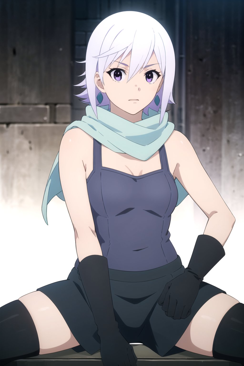 //Quality,
masterpiece, best quality
,//Character,
1girl, solo
,//Fashion, 
,//Background,
white_background
,//Others,
,spread legs, 
,Chris, gloves, short hair, purple eyes, earrings, jewelry, scarf, white hair, scar on cheek