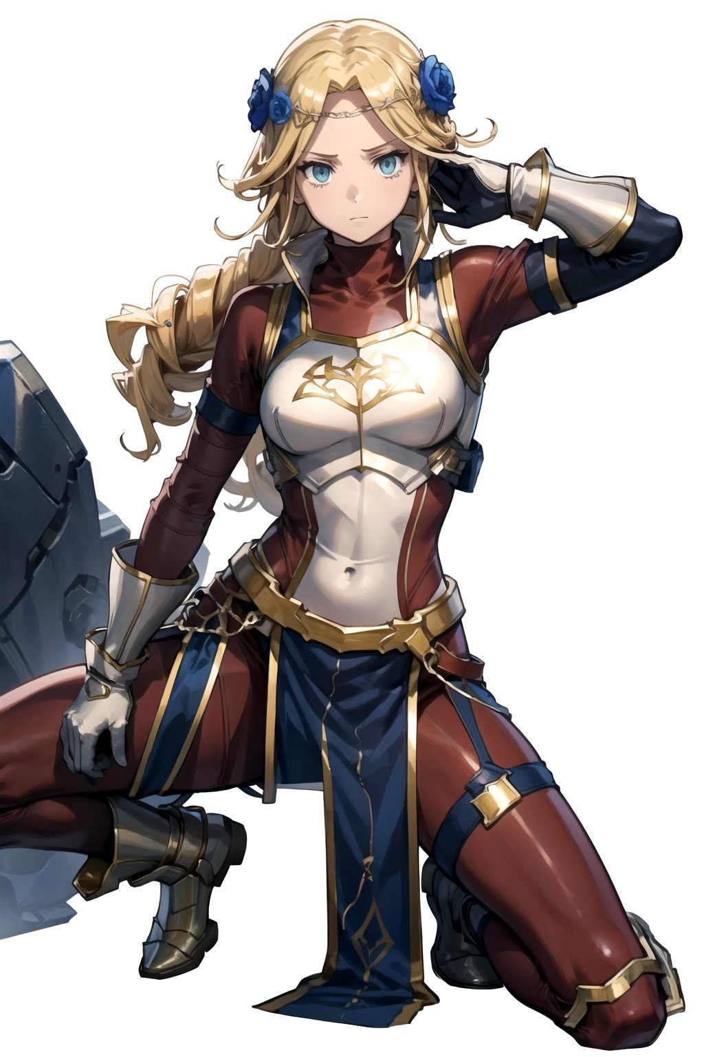 //Quality,
masterpiece, best quality
,//Character,
1girl, solo
,//Fashion, 
,//Background,
white_background
,//Others,
,spread legs, 
,Laykus, long hair, hair flower, gloves, armor, breastplate, bodysuit, pelvic curtain