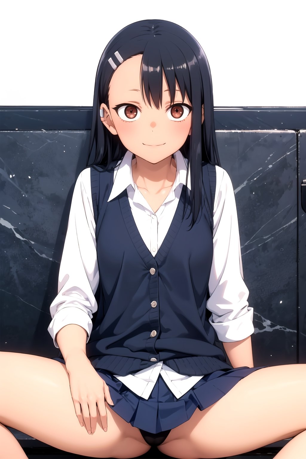 //Quality,
masterpiece, best quality
,//Character,
1girl, solo
,//Fashion, 
,//Background,
white_background
,//Others,
,spread legs
,nagatoro hayase, hair ornament, brown eyes,(glowing eyes:1.1), hairclip,dark skin, black hair,school uniform, black hair, beautiful face, evil smile, evil eyes,incredibly absurdres