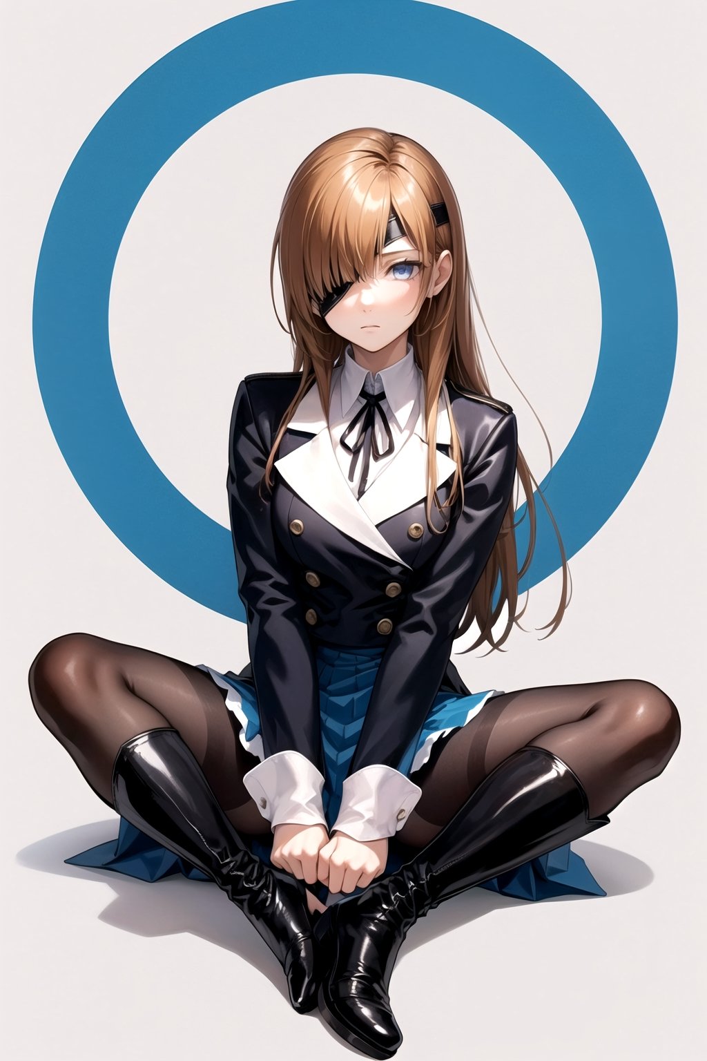 //Quality,
masterpiece, best quality
,//Character,
1girl, solo
,//Fashion, 
,//Background,
white_background
,//Others,
,spread legs
,Ophelia, long hair, blue eyes, skirt, brown hair, shirt, long sleeves, ribbon, jacket, white shirt, pantyhose, boots, collared shirt, blue skirt, black jacket, black pantyhose, black ribbon, neck ribbon, brown footwear, eyepatch, knee boots