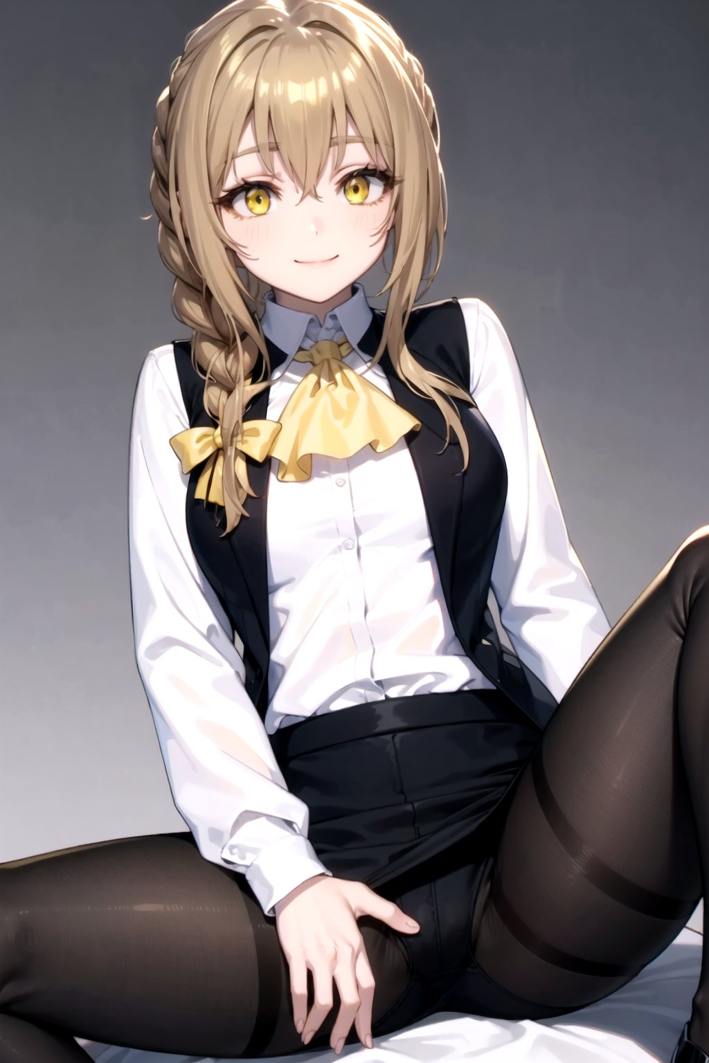 //Quality,
masterpiece, best quality
,//Character,
1girl, solo
,//Fashion, 
,//Background,
white_background
,//Others,
,spread legs, 
,guild girl, long hair, brown hair, (yellow eyes:1.5), braid, single braid, smile,BREAK skirt, shirt, long sleeves, white shirt, pantyhose, black skirt, vest, long skirt, yellow ribbon, ascot, yellow ascot