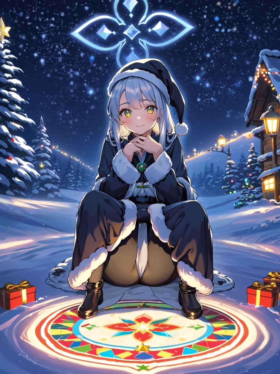 (masterpiece, top quality, best quality, highres, extremely detailed CG, 8k:1.2),
(Illustration, focus, perfect lighting, :1.0), (official art, beautiful and aesthetic:1.0), 
santa, night with bright colorful lights, When the magic circle on the ground is activated, Santa sitting,shigure \(blue archive\)