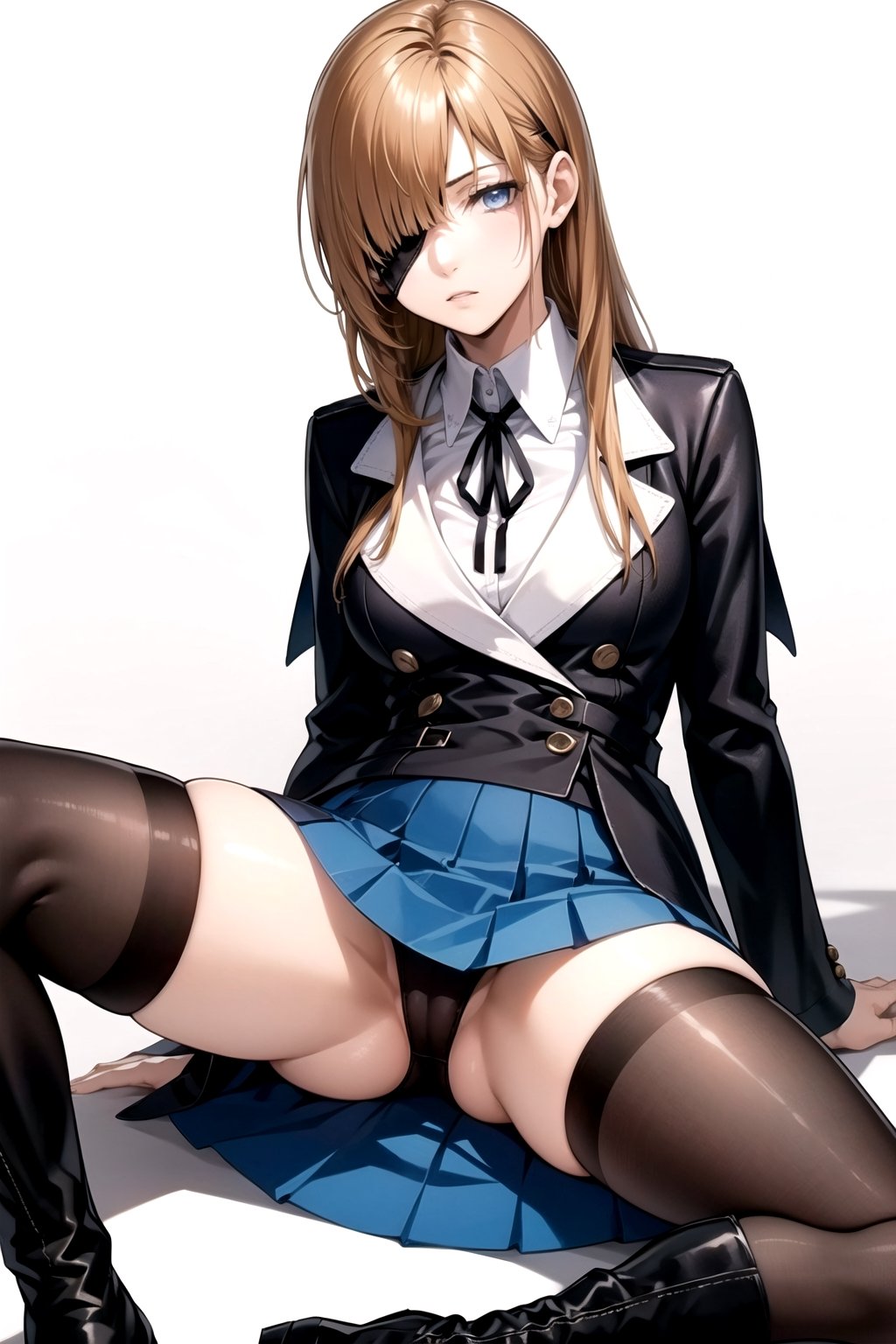 //Quality,
masterpiece, best quality
,//Character,
1girl, solo
,//Fashion, 
,//Background,
white_background
,//Others,
,spread legs
,Ophelia, long hair, blue eyes, skirt, brown hair, shirt, long sleeves, ribbon, jacket, white shirt, pantyhose, boots, collared shirt, blue skirt, black jacket, black pantyhose, black ribbon, neck ribbon, brown footwear, eyepatch, knee boots