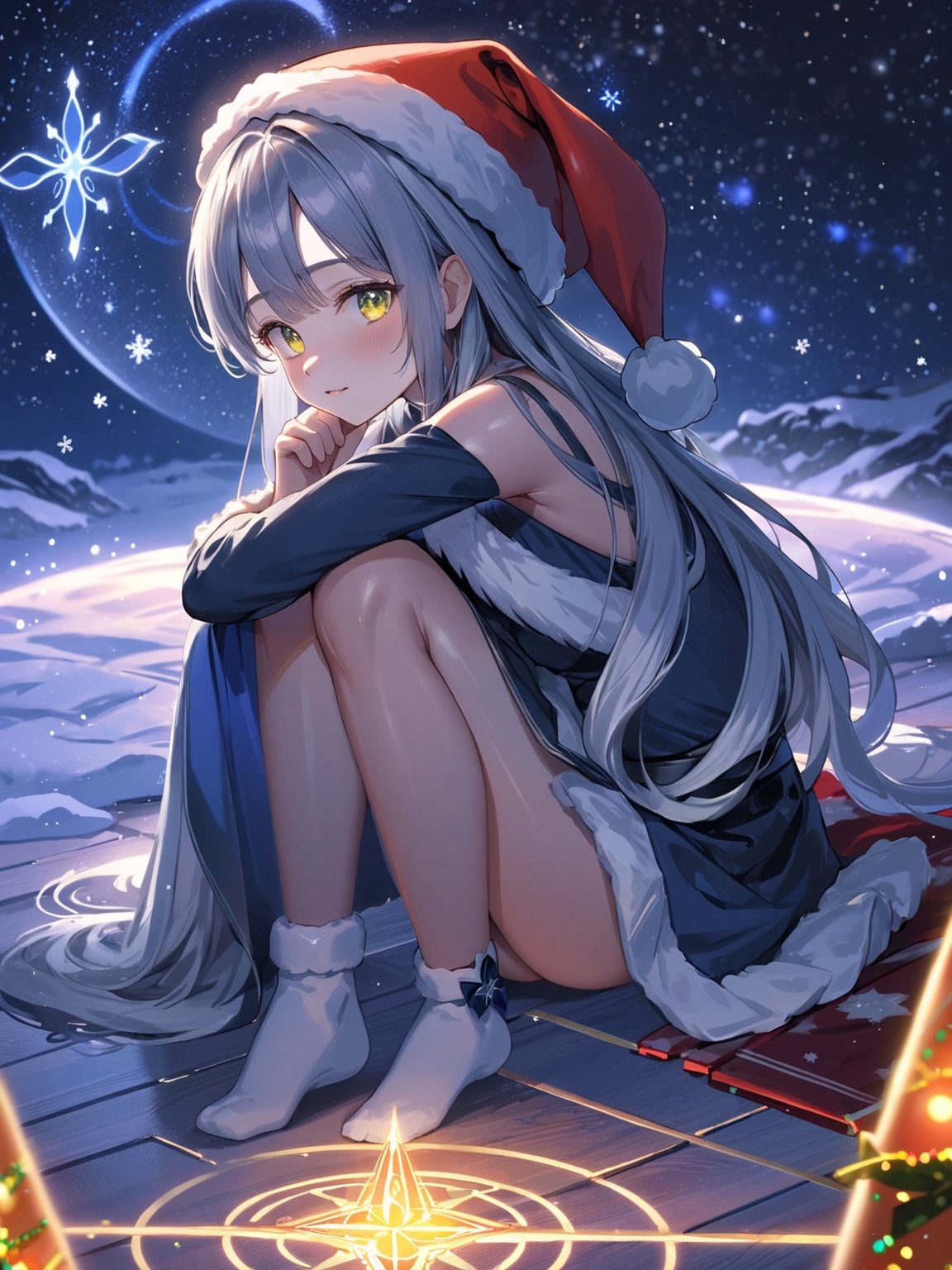 (masterpiece, top quality, best quality, highres, extremely detailed CG, 8k:1.2),
(Illustration, focus, perfect lighting, :1.0), (official art, beautiful and aesthetic:1.0), 
santa, night with bright colorful lights, When the magic circle on the ground is activated, Santa sitting,shigure \(blue archive\)