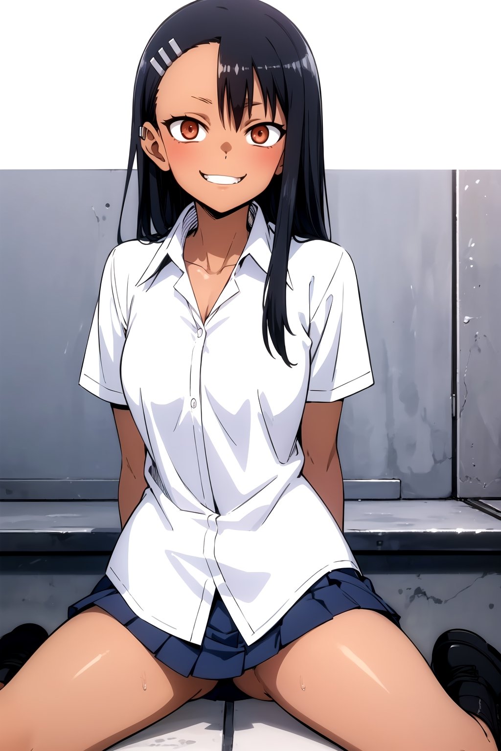 //Quality,
masterpiece, best quality
,//Character,
1girl, solo
,//Fashion, 
,//Background,
white_background
,//Others,
,spread legs
,nagatoro hayase, hair ornament, brown eyes,(glowing eyes:1.1), hairclip,dark skin, black hair,school uniform, black hair, beautiful face, evil smile, evil eyes