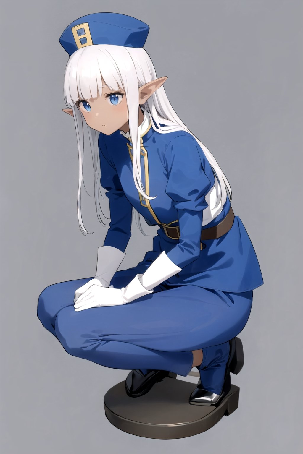 masterpiece, best quality
,//Character,
1girl, solo
,//Fashion, 
,//Background,
white_background, simple_background, blank_background
,//Others,
,Karla (kono healer mendokusai), white_hair, dark skin, dark-skinned female, blue headwear, leather_belt, blue_pants, tunic, blue_tunic, stole, blue_sleeves, white_gloves, blue_eyes, elf_ears, straight_hair, hime_cut, and blunt_bangs