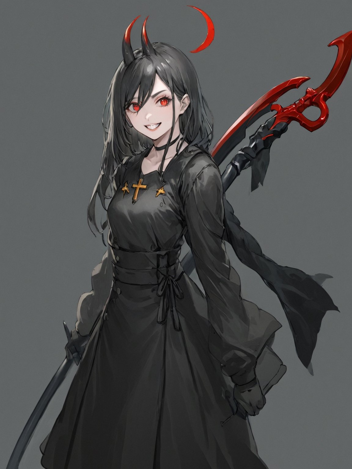 //Quality,
photo r3al, detailmaster2, masterpiece, photorealistic, 8k, 8k UHD, best quality, ultra realistic, ultra detailed, hyperdetailed photography, real photo
,//Character,
1girl, solo
,//Fashion,
,//Background,
,//Others,
,powerdef, sharp teeth, grin, holding scythe, red scythe, cross-shaped pupils