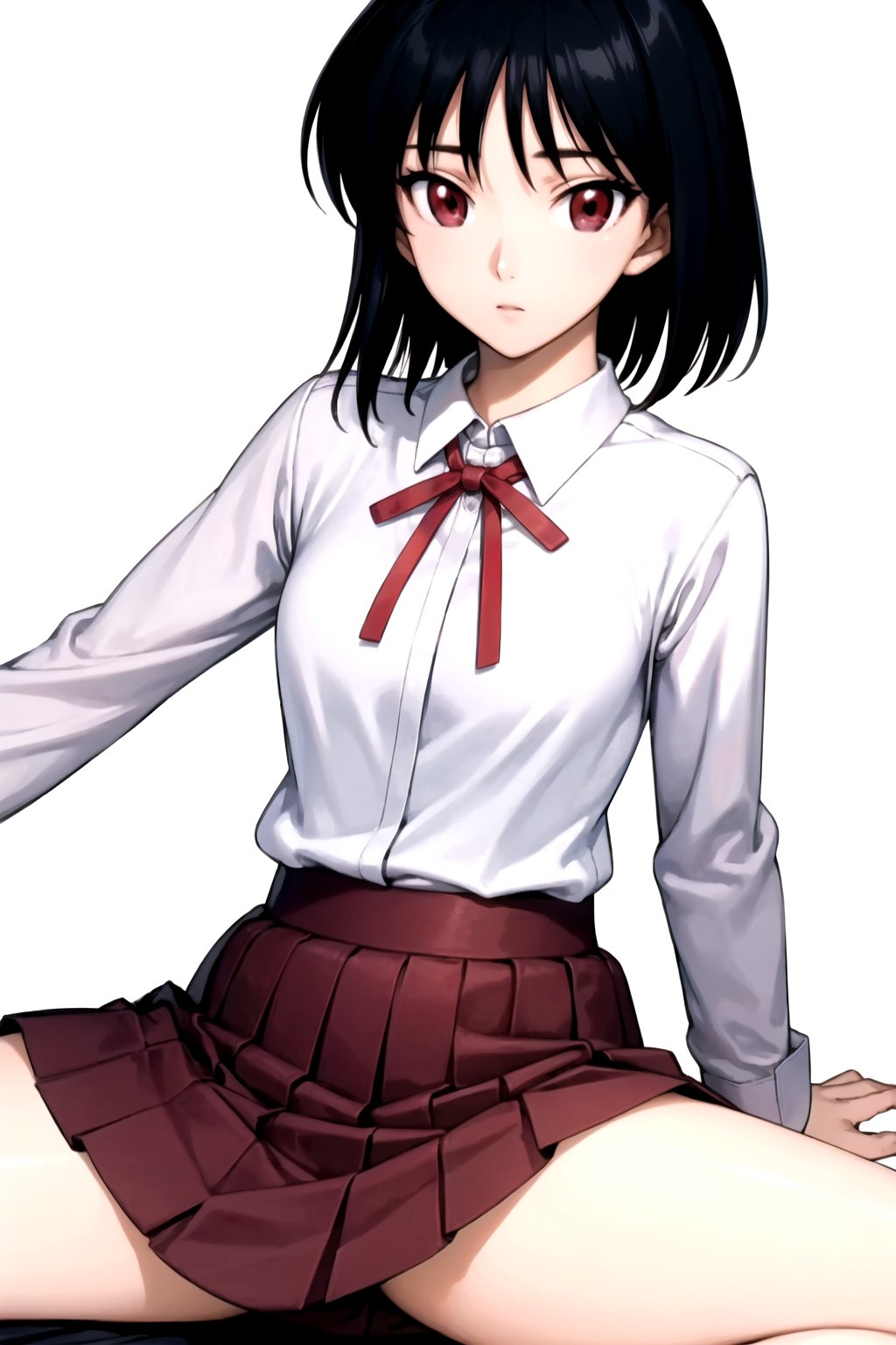 //Quality,
masterpiece, best quality
,//Character,
1girl, solo
,//Fashion, 
,//Background,
white_background
,//Others,
,spread legs, 
,yakumo tsukamoto, short hair, black hair, (red eyes:1.3),BREAK skirt, shirt, long sleeves, bow, ribbon, school uniform, white shirt, pleated skirt, collared shirt, bowtie, red ribbon, neck ribbon, red skirt