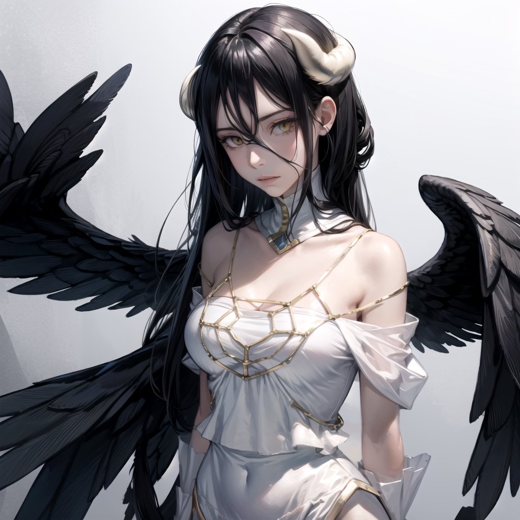 //Quality,
masterpiece, best quality
,//Character,
1girl, solo
,//Fashion,
,//Background,
white_background
,//Others,
,al1, demon horns, white gloves, white dress, bare shoulders, detached collar, cleavage, slit pupils, black wings, feathered wings, low wings,white dress