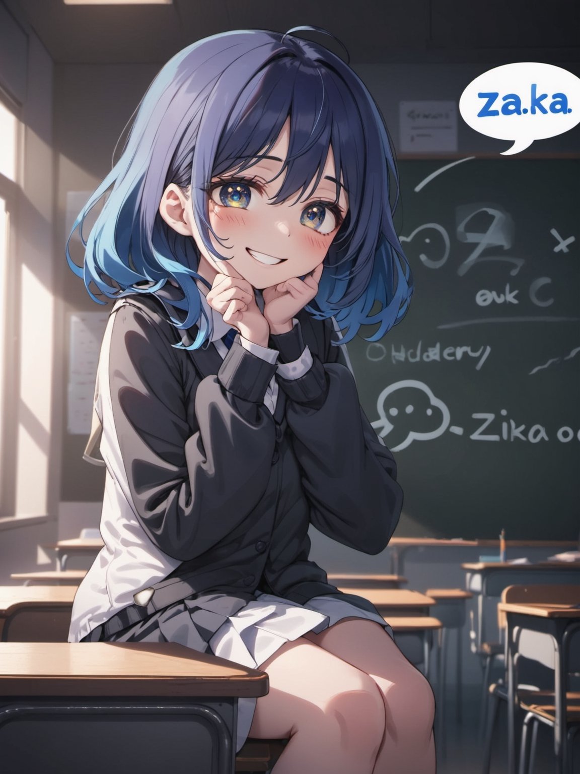 illustration, school uniform, grin, a hand cover mouth, opened clothes, foot, low angle, moody lighting, atmospheric, black background, cowboy shot, sit on desk in class room, 
 (speech bubble with “Za-ko” text:1.2 ), looking down with half an eye,blue hair