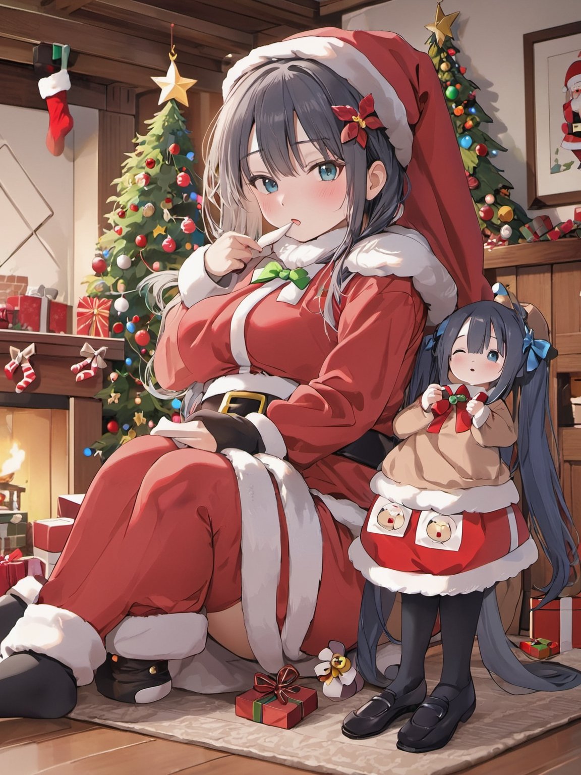 girl and Santa, santa costume,christmas, (decorate santa house together:1.2),shigure \(blue archive\),