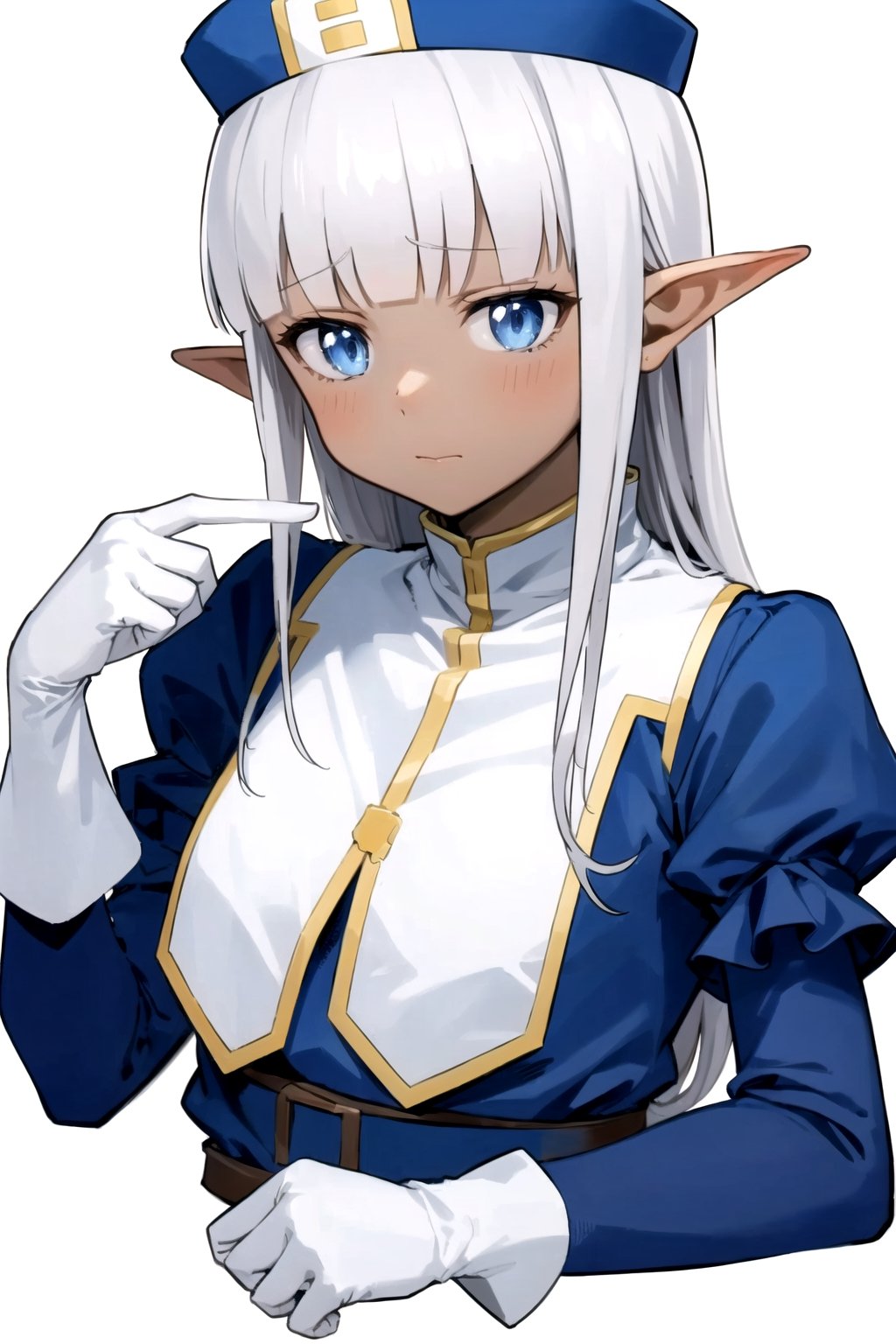 masterpiece, best quality
,//Character,
1girl, solo
,//Fashion, 
,//Background,
white_background, simple_background, blank_background
,//Others,
,Karla (kono healer mendokusai), white_hair, dark skin, dark-skinned female, blue headwear, leather_belt, blue_pants, tunic, blue_tunic, stole, blue_sleeves, white_gloves, blue_eyes, elf_ears, straight_hair, hime_cut, and blunt_bangs