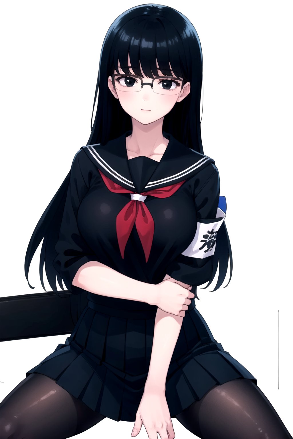 //Quality,
masterpiece, best quality
,//Character,
1girl, solo
,//Fashion, 
,//Background,
white_background
,//Others,
,spread legs, 
,kyouko kuroyuri, long hair, black hair, (black eyes:1.5), glasses, skirt, school uniform, pantyhose, pleated skirt, serafuku, armband, (black shirt:1.2)