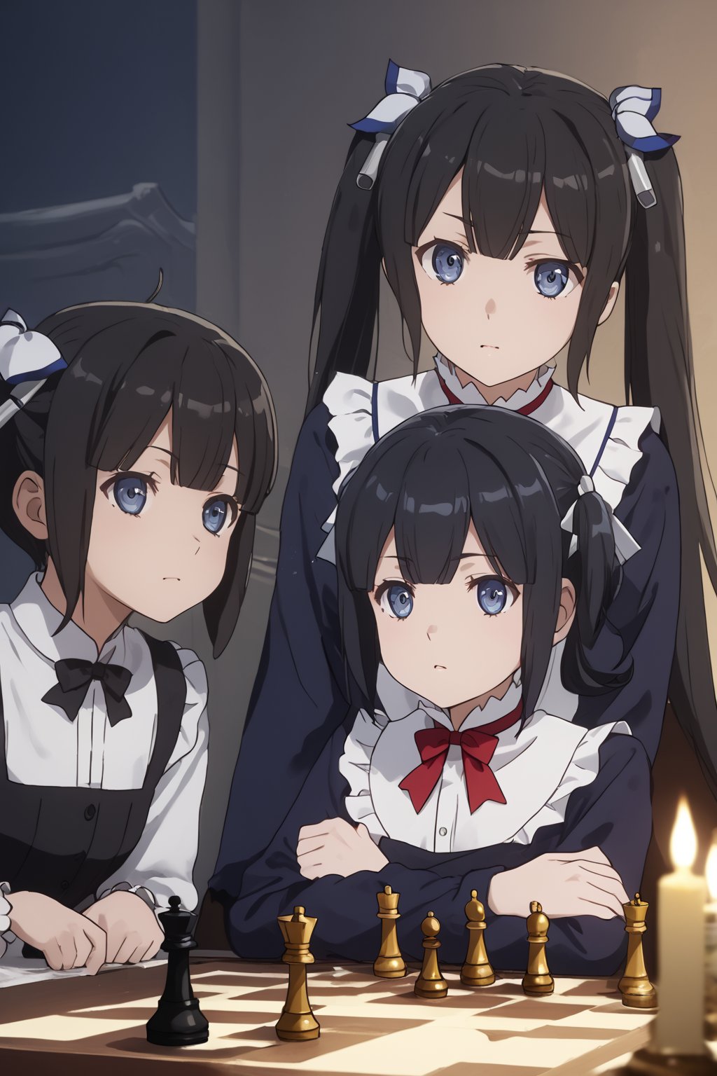 masterpiece, best quality, highres
,//Character, 
1girl,hestia, black hair, blue eyes,
twin tails/long hair, hair ornament
,//Fashion, 

,//Background, 
,//Others, ,Expressiveh, 
A group of children playing chess in a dimly lit study, with eerie shadows cast by candlelight and a portrait of Beatrice watching over them.