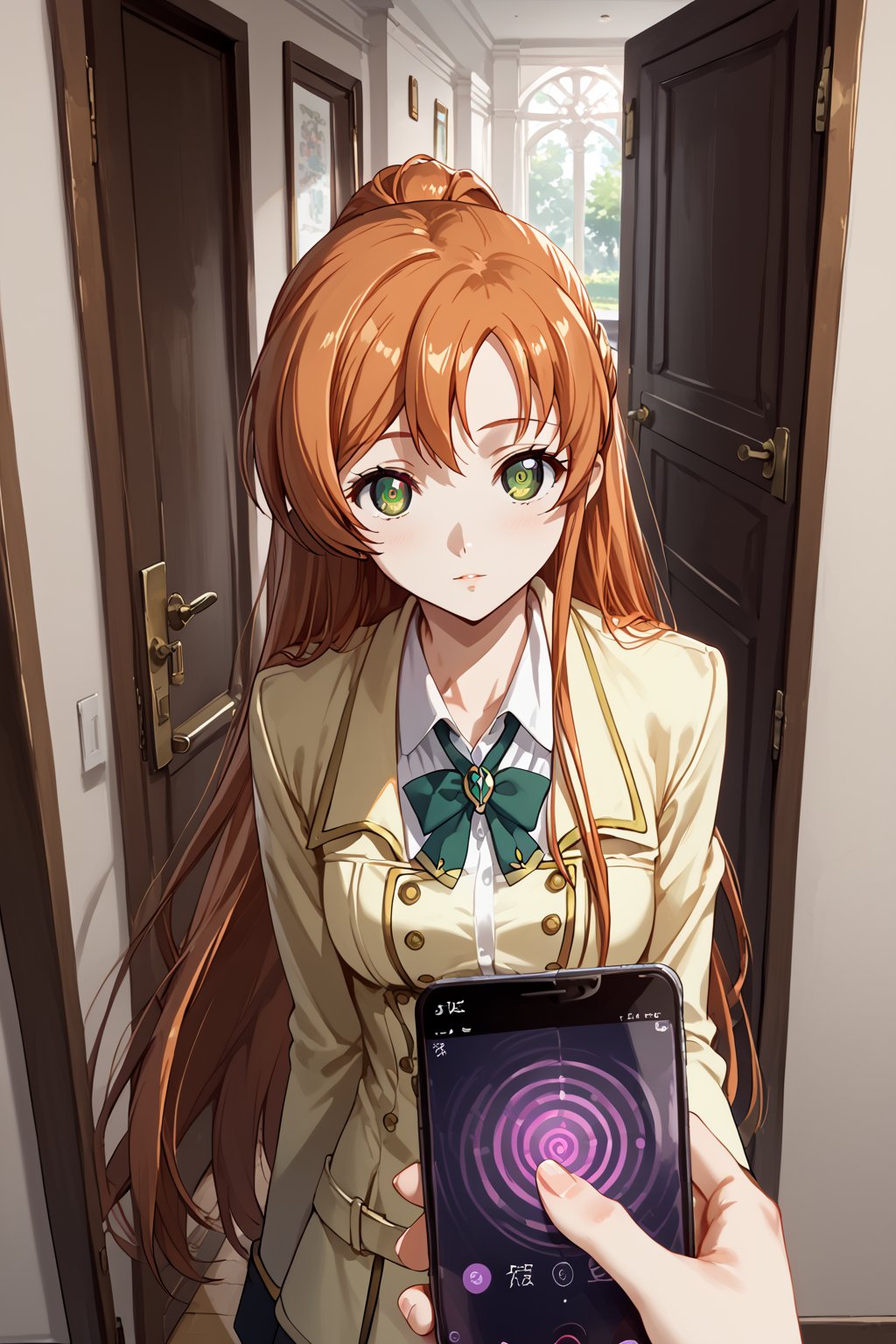 score_9,score_8_up,score_7_up,score_6_up, source_anime, masterpiece, best quality, 8k, 8k UHD, ultra-high resolution, ultra-high definition, highres, cinematic lighting
,//Character, 
1girl, solo,shirley fenette, orange hair, green eyes, half updo, long hair
,//Fashion, 
ashford academy school uniform
,//Background, front door, answering door, hand on door, opening door
,//Others, ,Expressiveh,
looking at viewer, 2/4 angle view, three quarter view, female focus, mind control, hypnosis, smartphone, pov holding phone