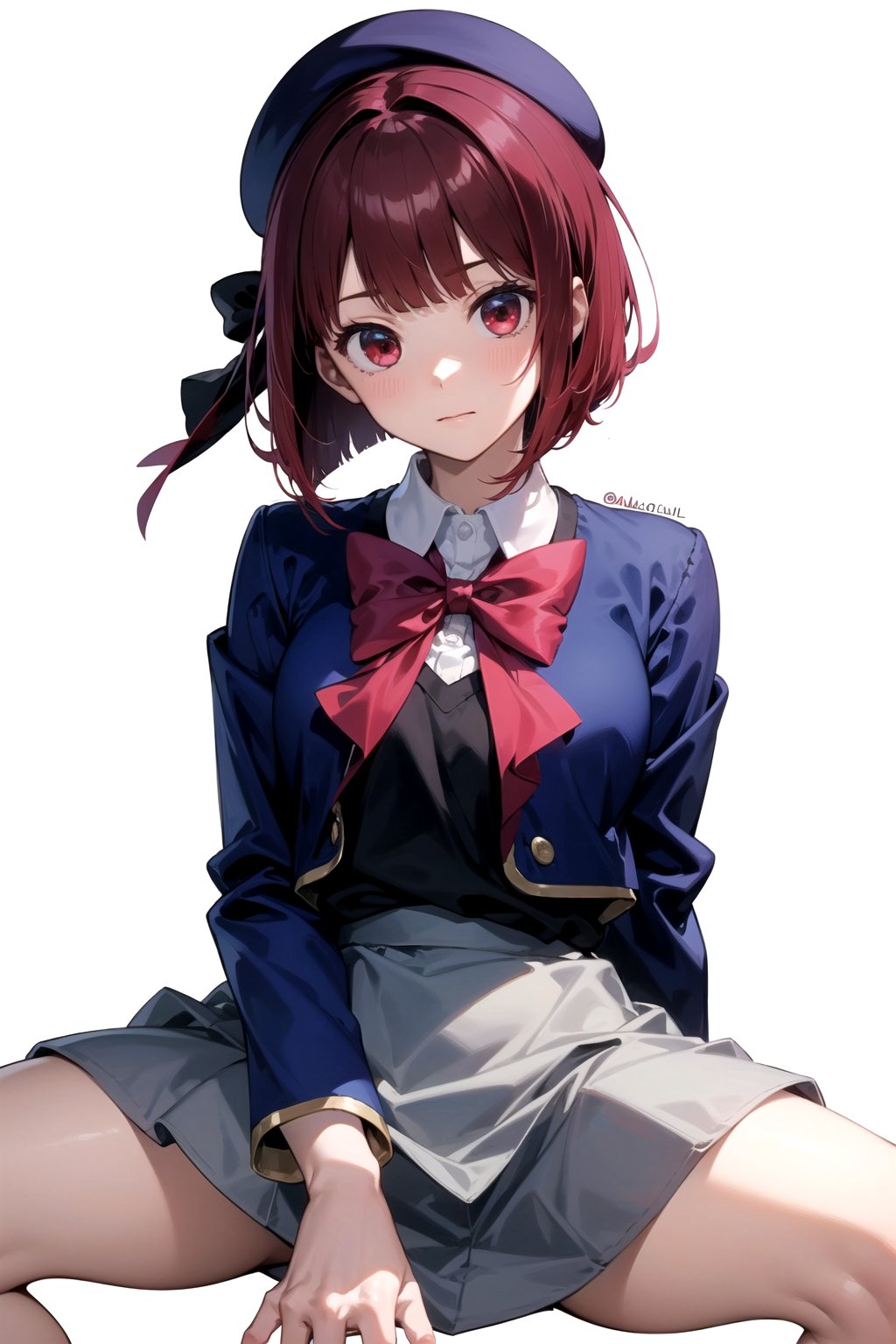 //Quality,
masterpiece, best quality
,//Character,
1girl, solo
,//Fashion, 
,//Background,
white_background
,//Others,
,spread legs, 
,aakana, short hair, beret, red eyes, blue headwear, red bowtie, collared shirt, blue jacket, open jacket, long sleeves, grey skirt