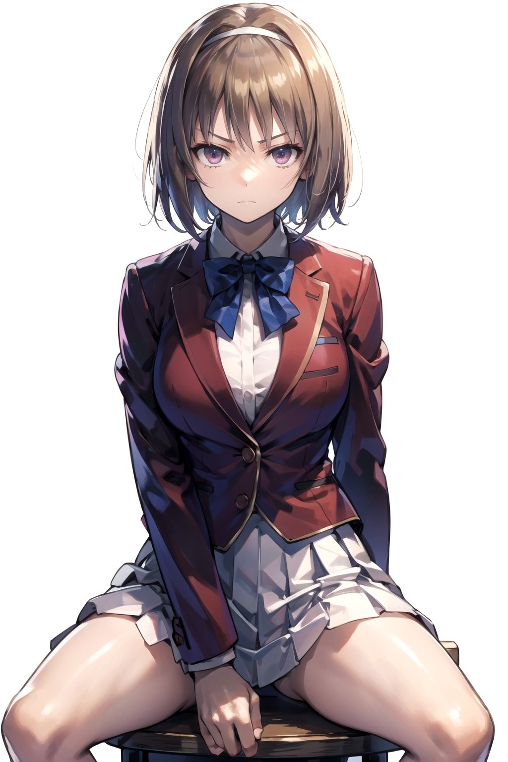 //Quality,
masterpiece, best quality
,//Character,
1girl, solo
,//Fashion, 
,//Background,
white_background
,//Others,
,spread legs, 
,aakikyo, short hair, hair intakes, white hairband, blue bowtie, collared shirt, blazer, red jacket, long sleeves, white skirt, pleated skirt, serious, looking at viewer