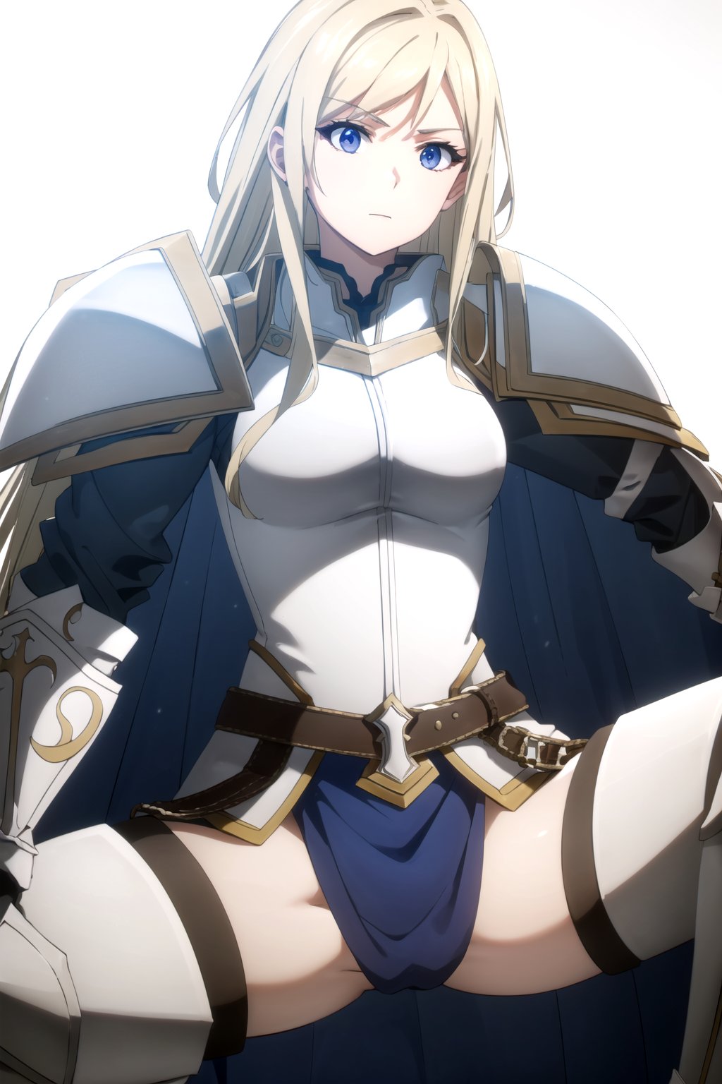 //Quality,
masterpiece, best quality
,//Character,
1girl, solo
,//Fashion, 
,//Background,
white_background
,//Others,
,spread legs, 
female knight, long hair, blue eyes, blonde hair, cape, armor, shoulder armor, gauntlets, pauldrons, breastplate, knight