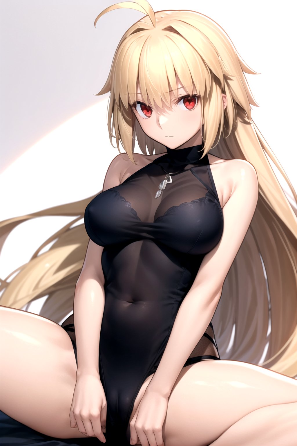 //Quality,
masterpiece, best quality
,//Character,
1girl, solo
,//Fashion, 
,//Background,
white_background
,//Others,
,spread legs, 
,arcueid, blonde hair, red eyes, long hair, very long hair, bangs, ahoge, sidelocks