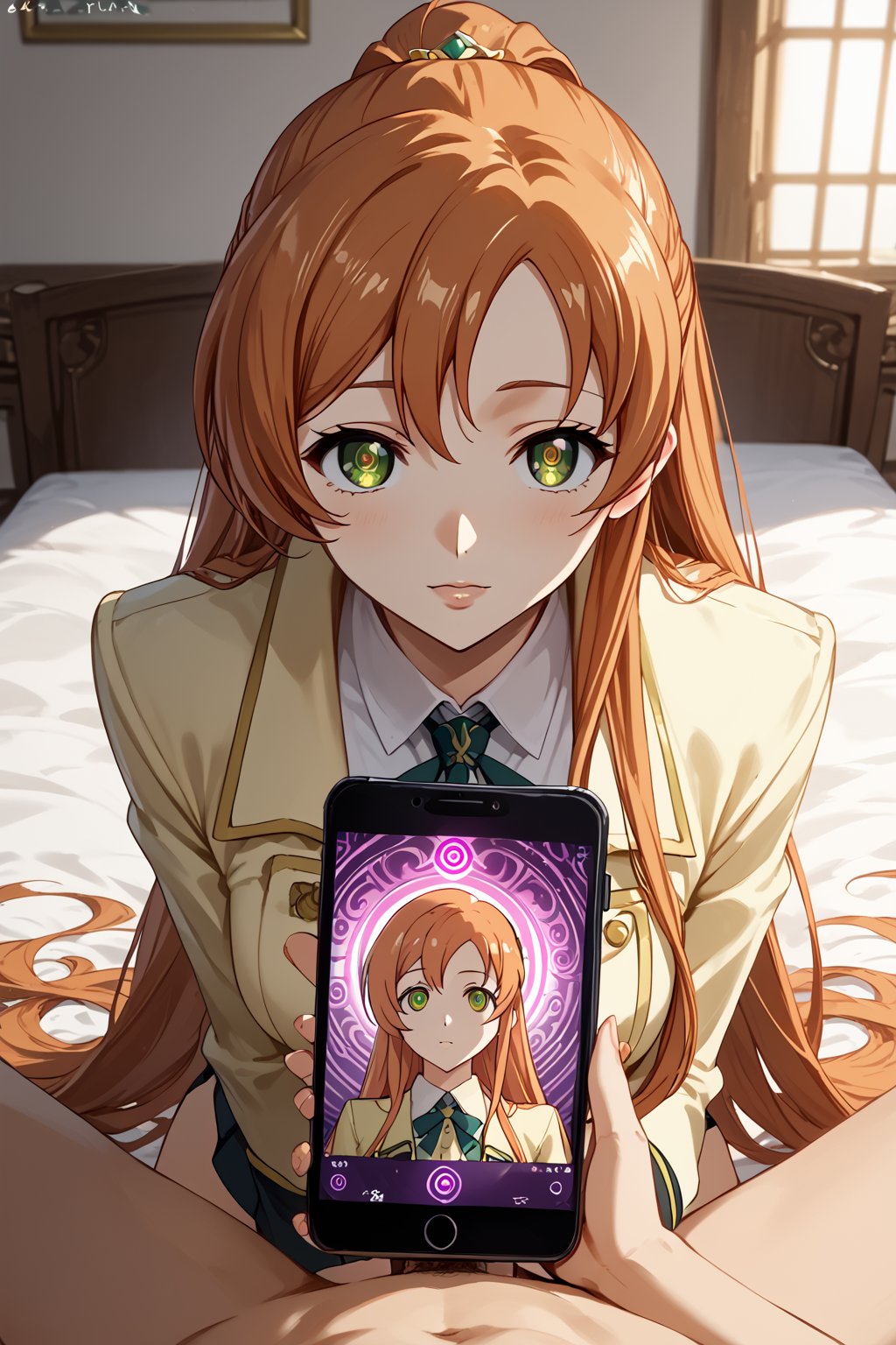 score_9,score_8_up,score_7_up,score_6_up, source_anime, masterpiece, best quality, 8k, 8k UHD, ultra-high resolution, ultra-high definition, highres, cinematic lighting
,//Character, 
1girl, solo,shirley fenette, orange hair, green eyes, half updo, long hair
,//Fashion, 
ashford academy school uniform
,//Background, bed
,//Others, ,Expressiveh,
female focus, mind control, hypnosis, smartphone, pov holding phone, dogeza position, doing dogeza, front view, head down, looking up, looking at viewer