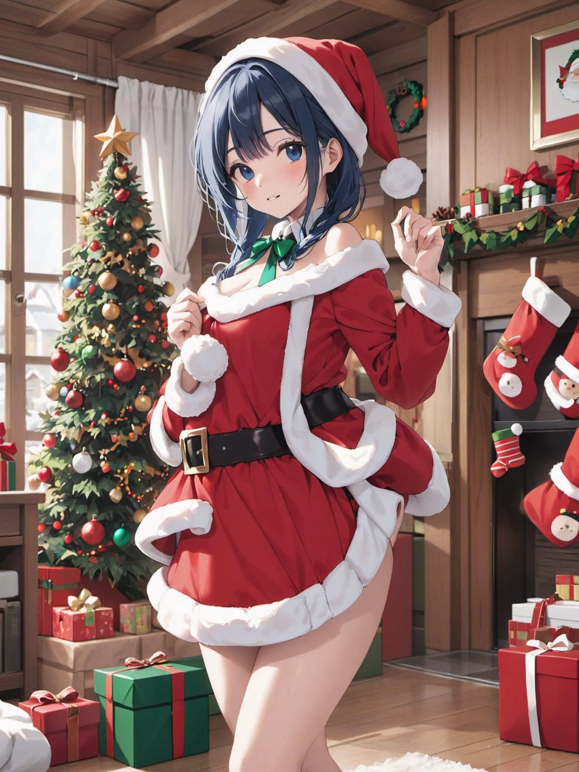 girl, santa costume,christmas, (decorate santa house together, Decorate the Christmas tre),shigure \(blue archive\),