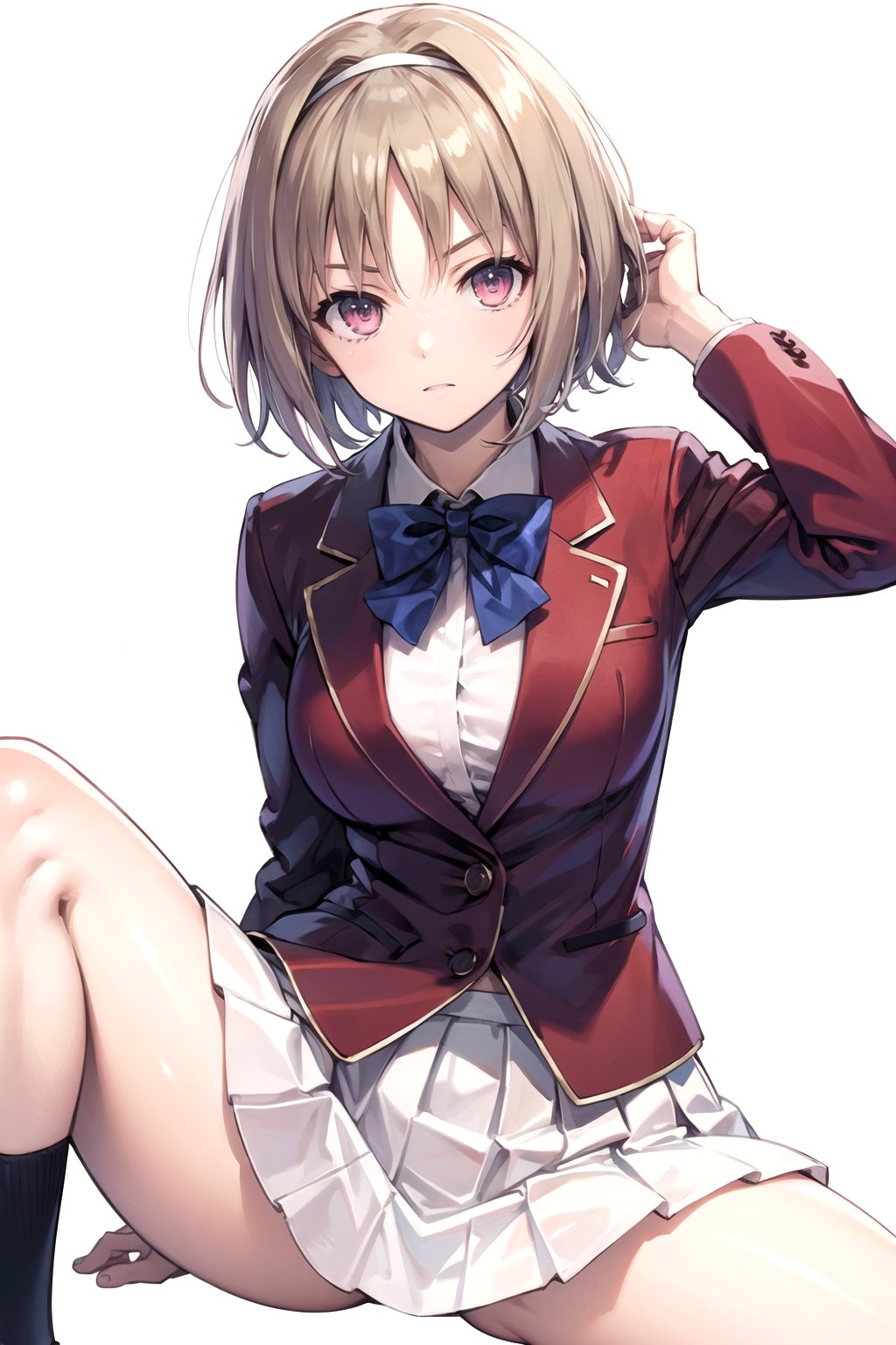 //Quality,
masterpiece, best quality
,//Character,
1girl, solo
,//Fashion, 
,//Background,
white_background
,//Others,
,spread legs, 
,aakikyo, short hair, hair intakes, white hairband, blue bowtie, collared shirt, blazer, red jacket, long sleeves, white skirt, pleated skirt, serious, looking at viewer