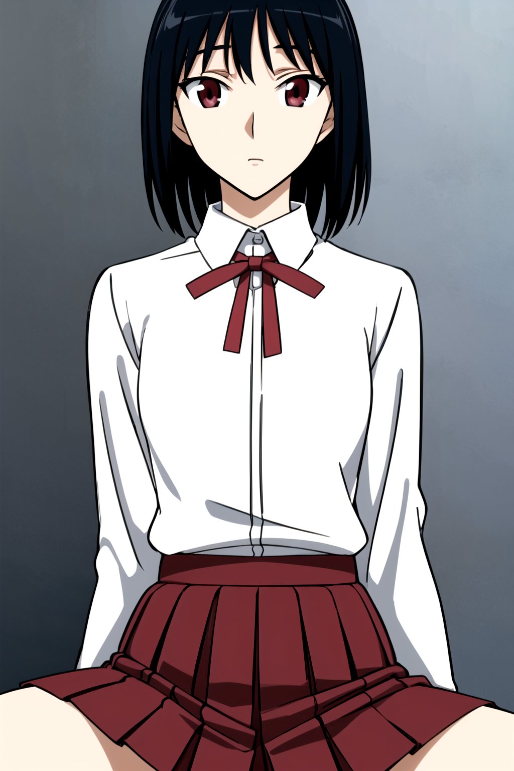 //Quality,
masterpiece, best quality
,//Character,
1girl, solo
,//Fashion, 
,//Background,
white_background
,//Others,
,spread legs, 
,yakumo tsukamoto, short hair, black hair, (red eyes:1.3),BREAK skirt, shirt, long sleeves, bow, ribbon, school uniform, white shirt, pleated skirt, collared shirt, bowtie, red ribbon, neck ribbon, red skirt