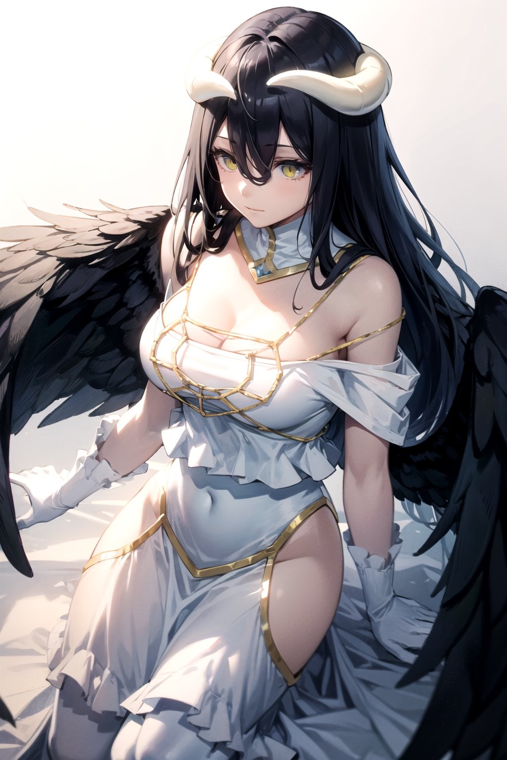 //Quality,
masterpiece, best quality
,//Character,
1girl, solo
,//Fashion,
,//Background,
white_background
,//Others,
,al1, demon horns, white gloves, white dress, bare shoulders, detached collar, cleavage, slit pupils, black wings, feathered wings, low wings,white dress,detached collar,black wings