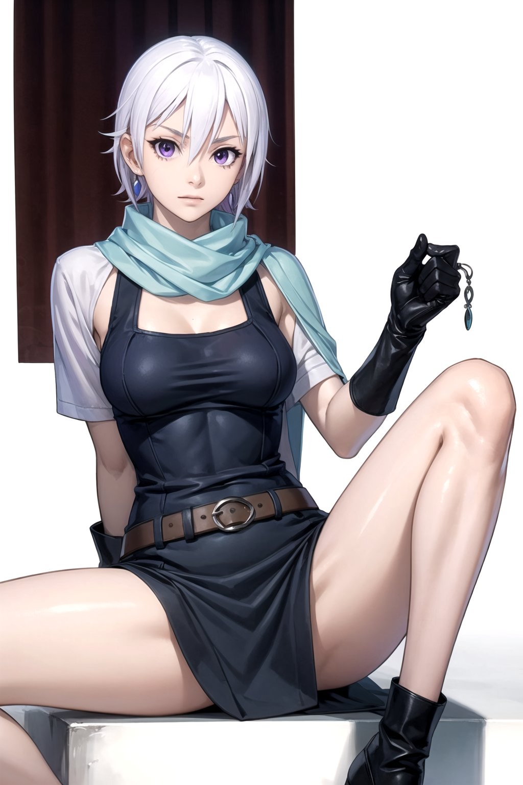 //Quality,
masterpiece, best quality
,//Character,
1girl, solo
,//Fashion, 
,//Background,
white_background
,//Others,
,spread legs, 
,Chris, gloves, short hair, purple eyes, earrings, jewelry, scarf, white hair, scar on cheek