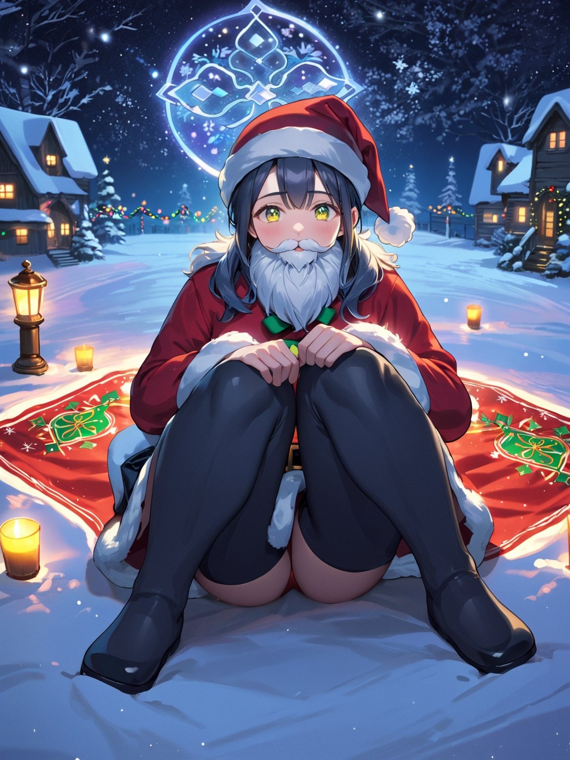 (masterpiece, top quality, best quality, highres, extremely detailed CG, 8k:1.2),
(Illustration, focus, perfect lighting, :1.0), (official art, beautiful and aesthetic:1.0), 
santa, night with bright colorful lights, When the magic circle on the ground is activated, Santa sitting,shigure \(blue archive\)