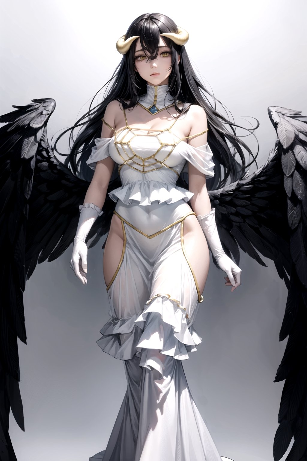 //Quality,
masterpiece, best quality
,//Character,
1girl, solo
,//Fashion,
,//Background,
white_background
,//Others,
,al1, demon horns, white gloves, white dress, bare shoulders, detached collar, cleavage, slit pupils, black wings, feathered wings, low wings,white dress,detached collar, full_body